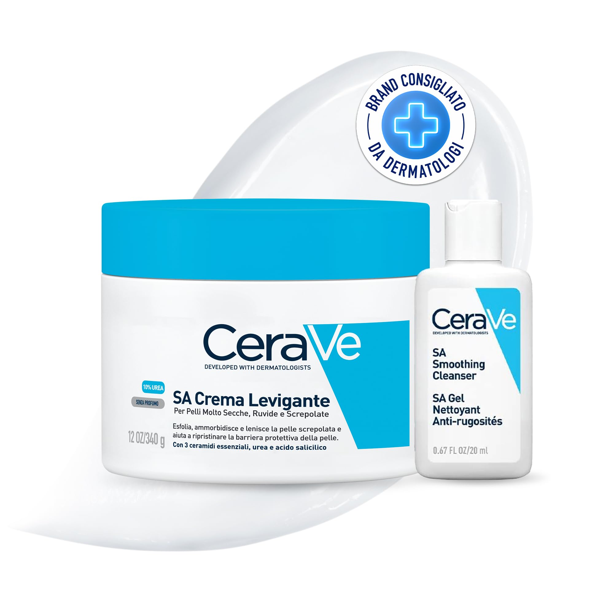 CeraVe SA Crema Levigante, per Pelle Secca e Ruvida, con Acido Salicilico, 10% Urea, 340ml + Detergente Idratante Viso da Viaggio, Per Pelli da Normali a Secche, 20 ml