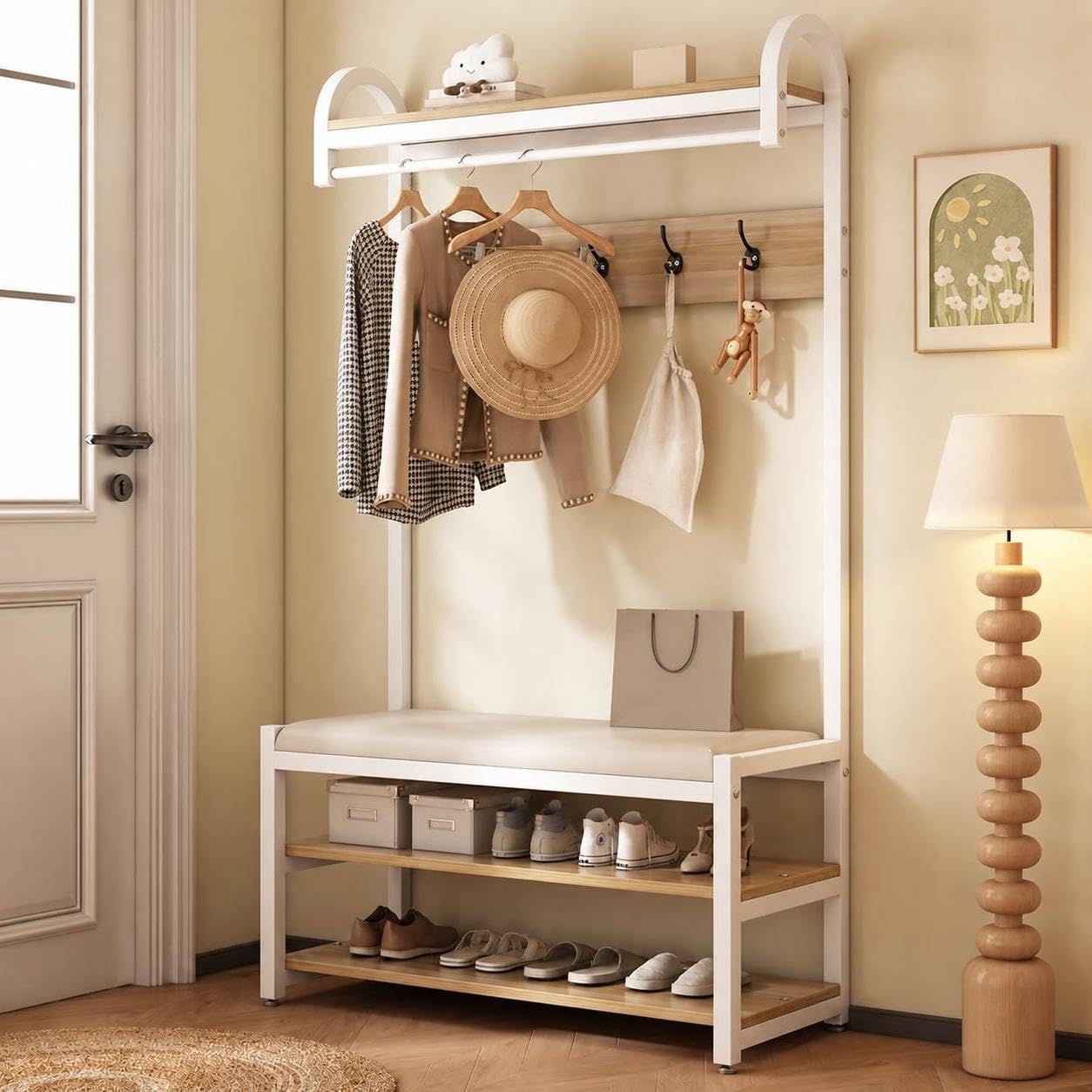 Árbol de Recibidor Multifuncional con Perchero, Zapatero y Banco Acolchado, Organizador de Entrada de Madera de Ingeniería para Recibidor y Sala de Estar, Mueble de Almacenamiento