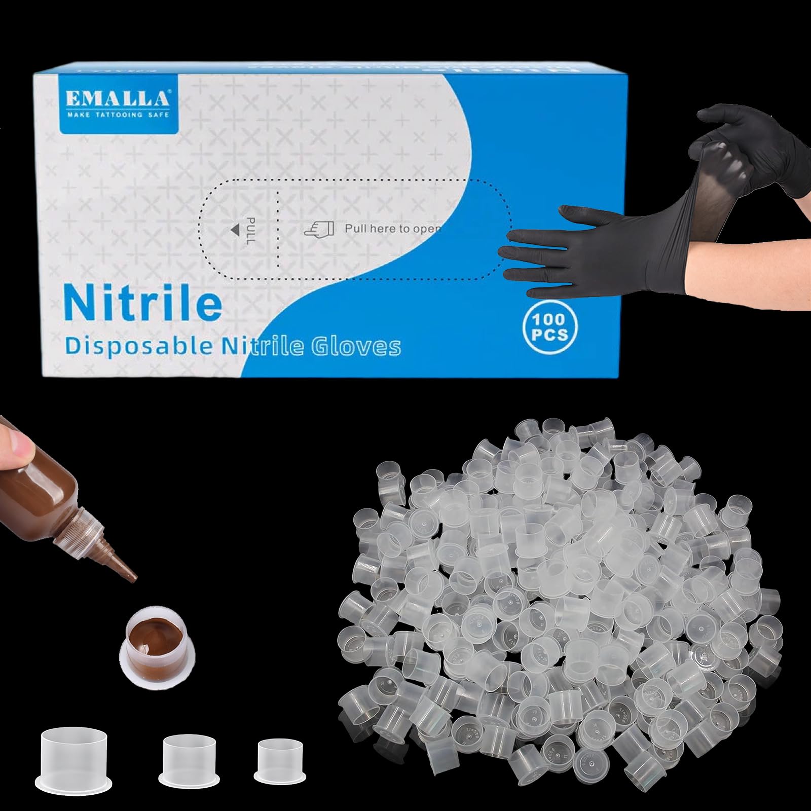 Yangna Tattoo Ink Cups & Gloves Kit - 300pcs Mixed Size Ink Caps (11/14/17mm) + 100pcs Black Nitrile Tattoo Gloves Disposable Professional Tattoo