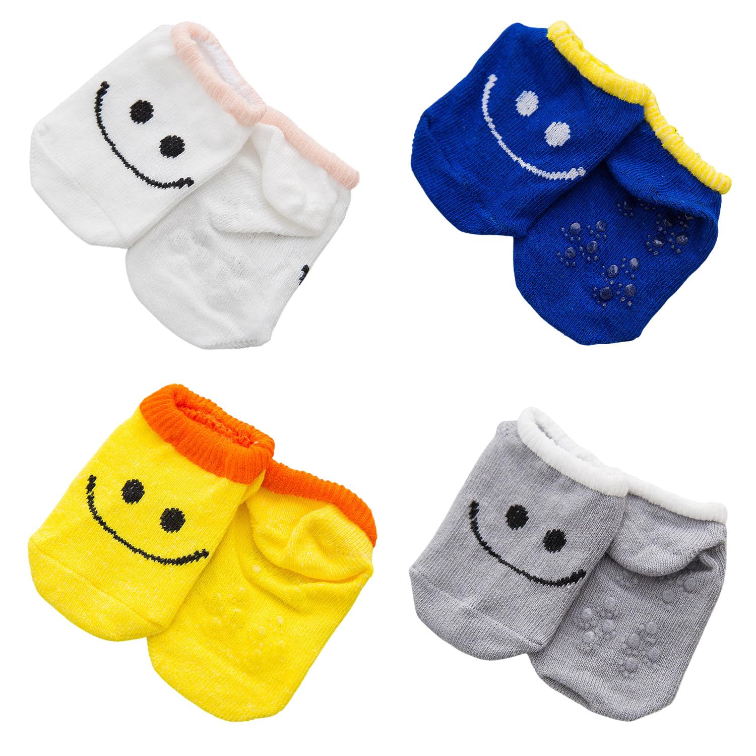 SYGA Small Size 4 Pair Non Slip Big Smile Design Ankle Length Baby Socks for 0-12 months