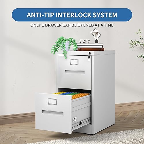 Miniatura 7 de Archivador de 2 cajones con cerradura, archivadores de metal para oficina en casa, gabinete de archivos estrecho vertical con cerradura de acero