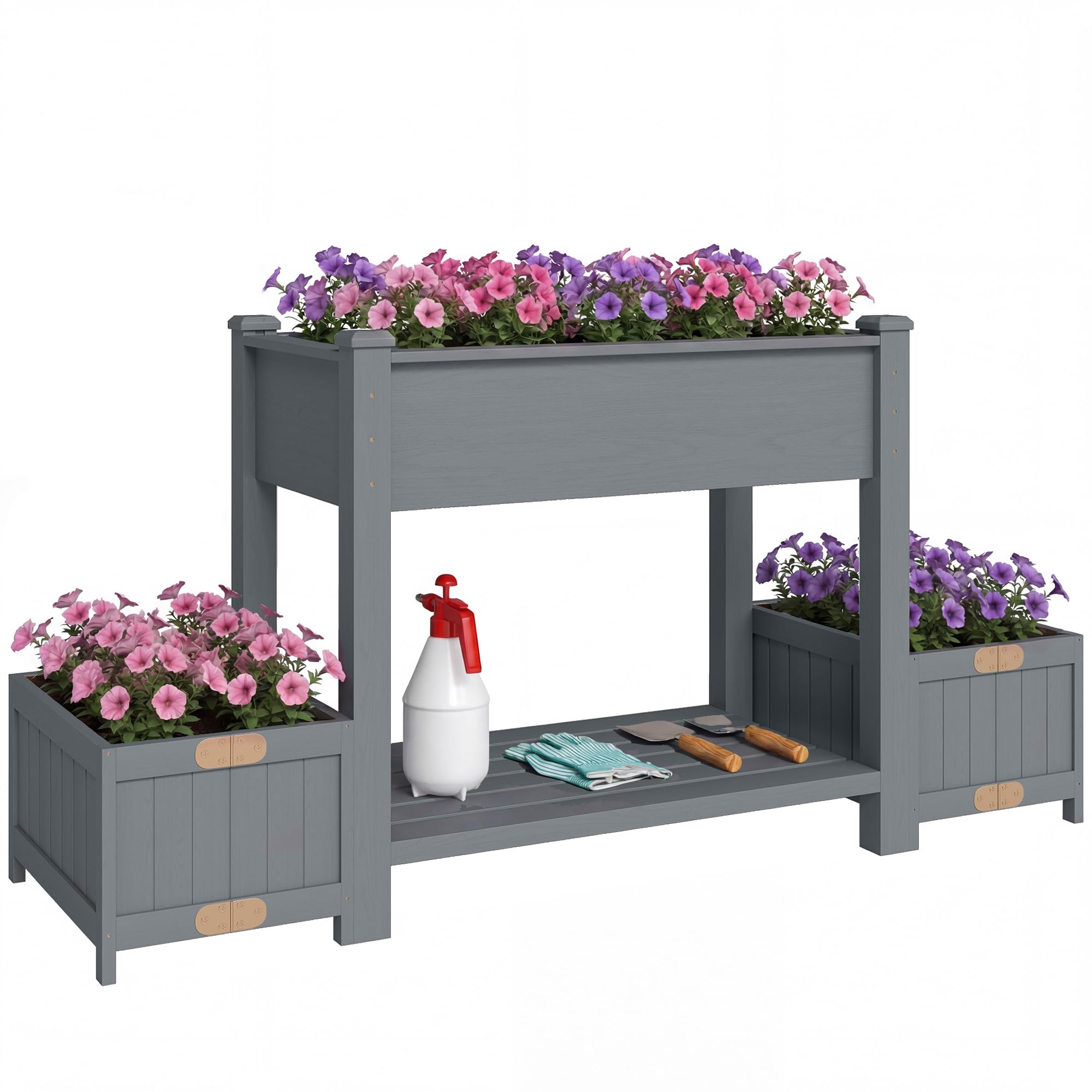 Outsunny Letto per Orto Rialzato in Abete con Ripiano e 2 Vasi Laterali Pieghevoli, Fioriera Rialzata da Esterno con Fori di Drenaggio per Verdure Fiori, 149x46x76cm, Grigio