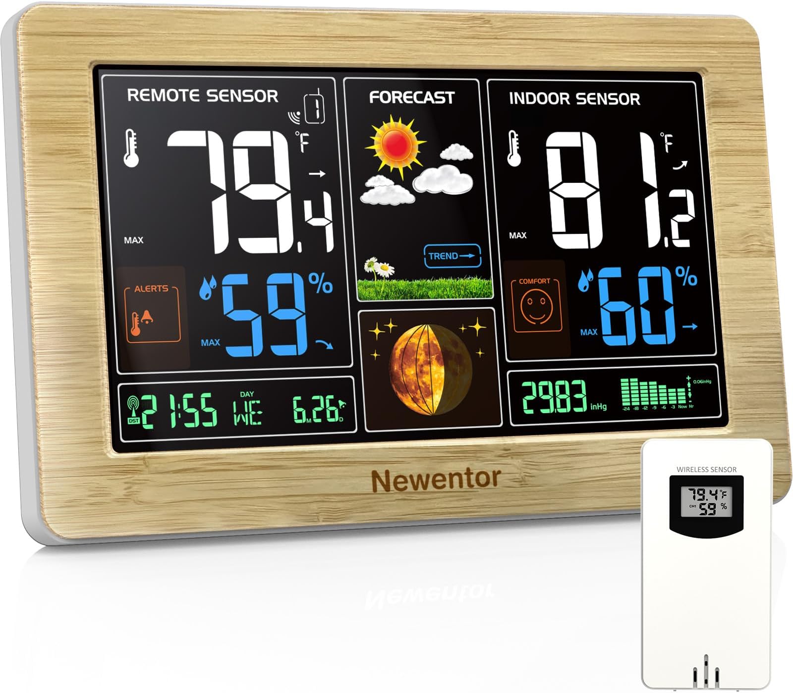 Weather Station Wireless Indoor Outdoor Thermometer, Color Display Digital Weather Thermometer with Atomic Clock, Barometric Pressure, Forecast Station with Adjustable Backlight, Wood