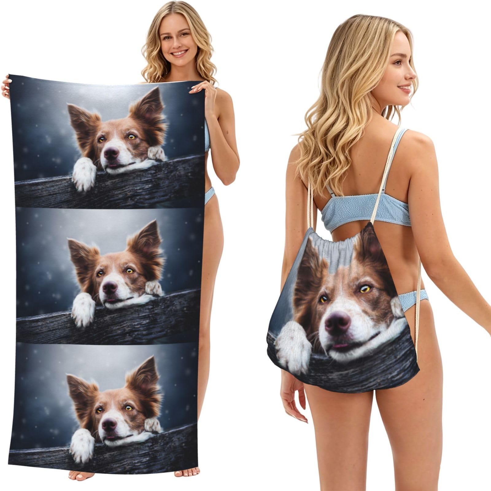 Poadnly Brown Border Collie Bokeh God With Yellow Eyes, 2 in 1 Packable Towel Bag, Beach Towels with Drawstring Backpack for Travel Holiday Camping
