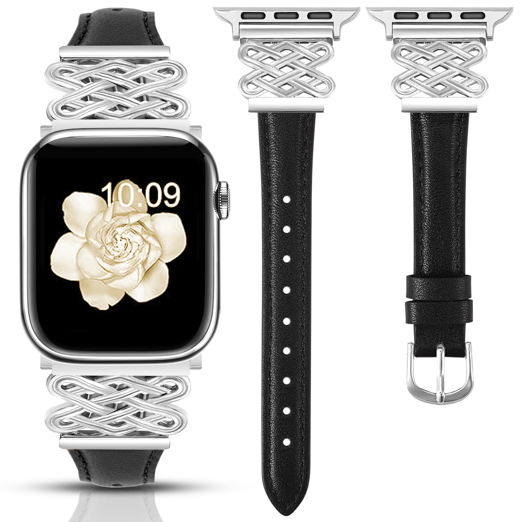 Newlibery Leather Band for Women Slim Dressy Bands Compatible with Apple Watch 38mm 40mm 41mm 42mm 44mm 45mm 49mm, Designer Interlock Buckle Strap for iWatch Series 10/9/8/7/6/5/4/3/2/1/SE/Ultra