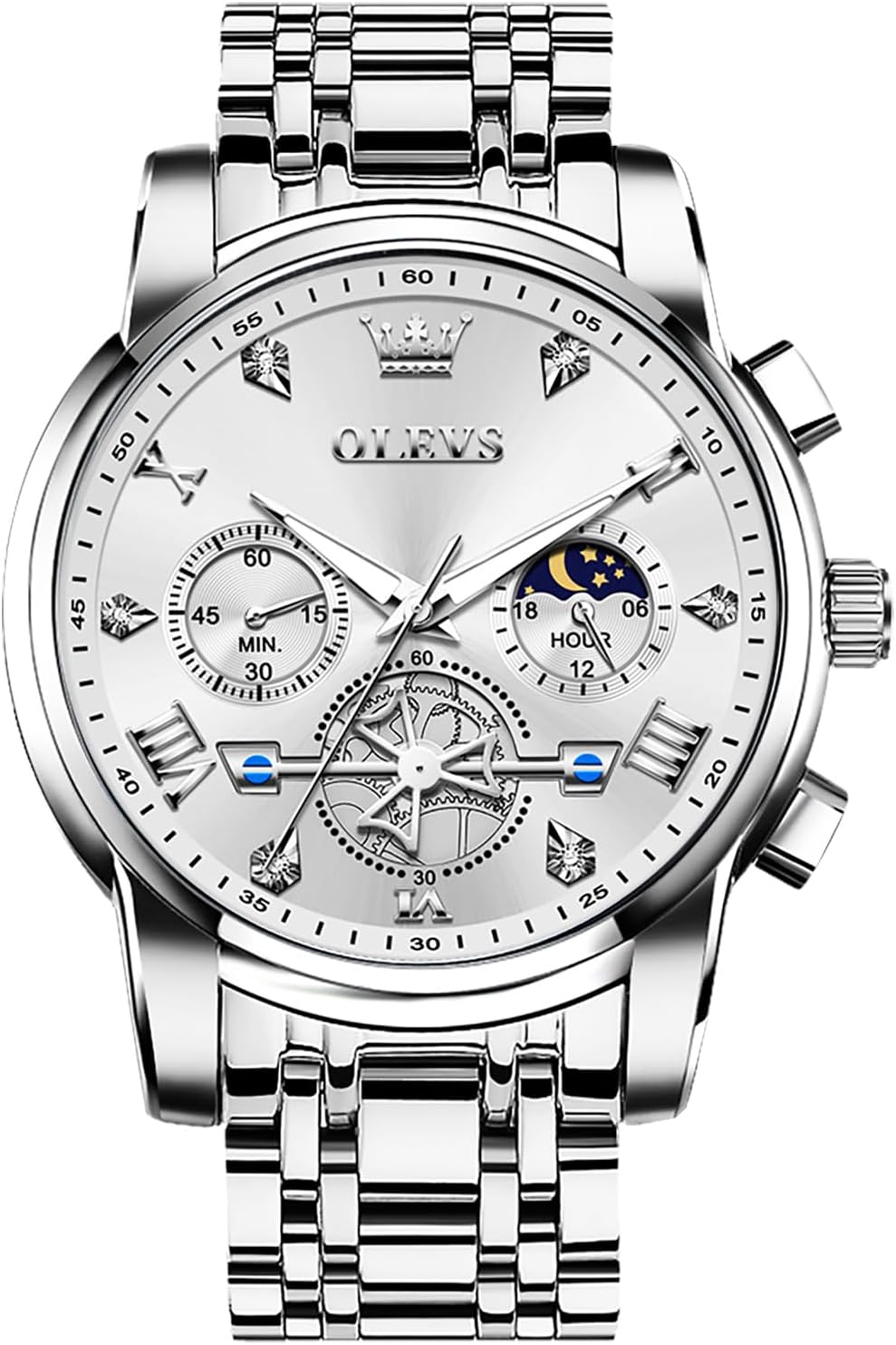 Men's Stainless Steel Chronograph Watch, Large Face Easy to Read Roman Numerals Diamond Accented Analog Dress Watches for Men, Elegant Waterproof Luminous Male Quartz Wristwatch