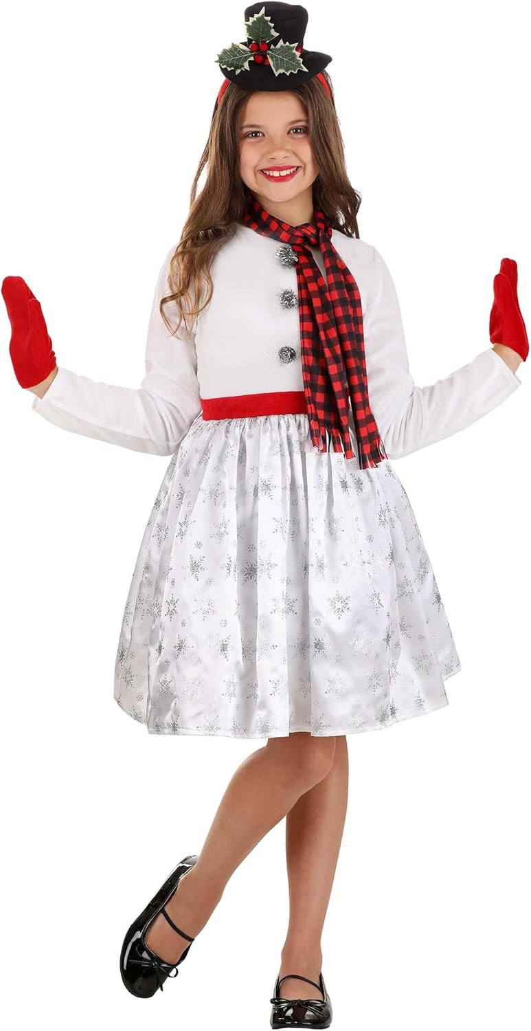 Kids Snowgirl Costume | Glitter Snowman Dress, Scarf, Mittens | Holiday Costumes