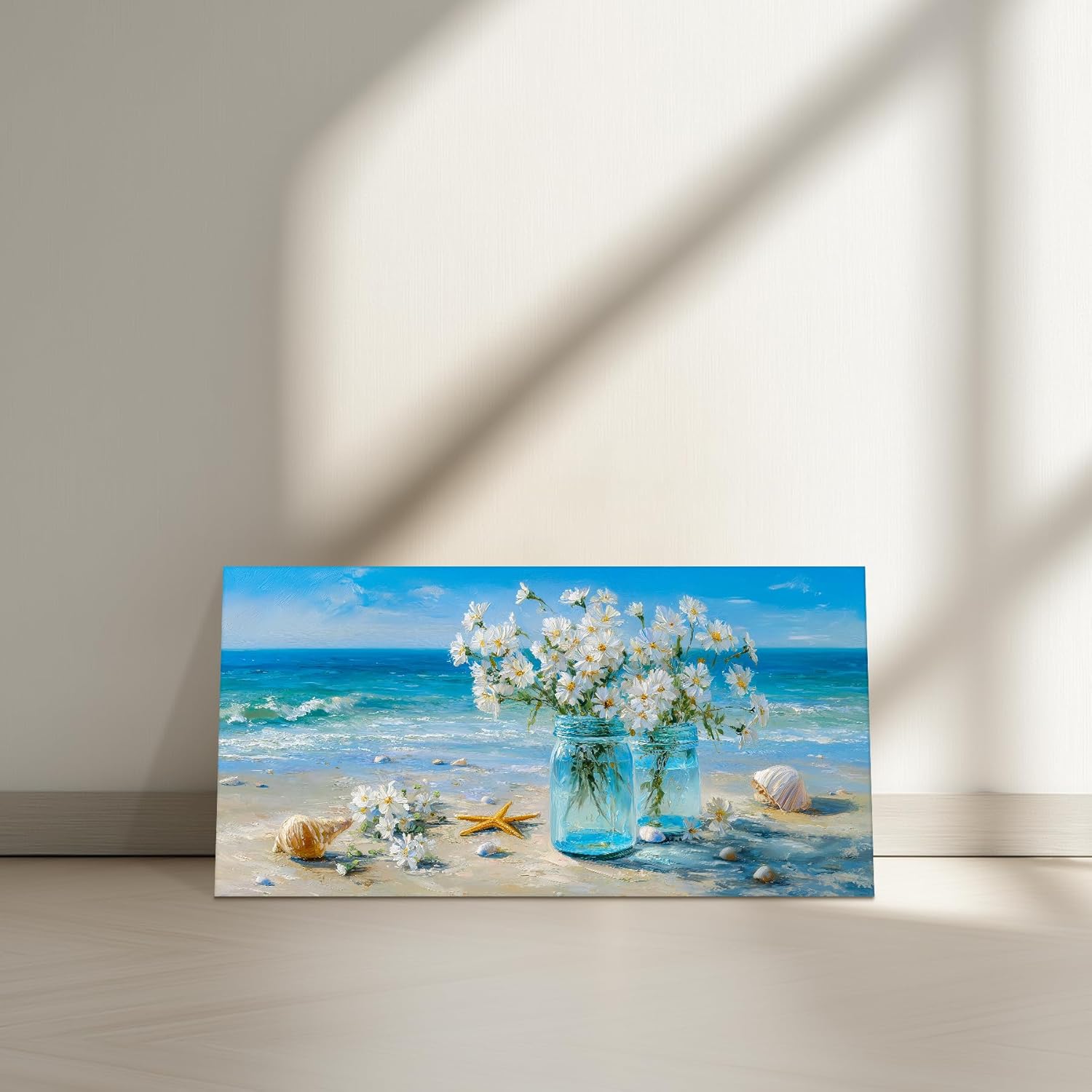 SLYCAY Beach Scene Canvas Large Wall Art Blue Ocean Landscape Prints, Teal Coastal Theme Bathroom Decor Florals Seashell Starfish Painting Pictures Living Room Office Bedroom Artwork 20"X40"