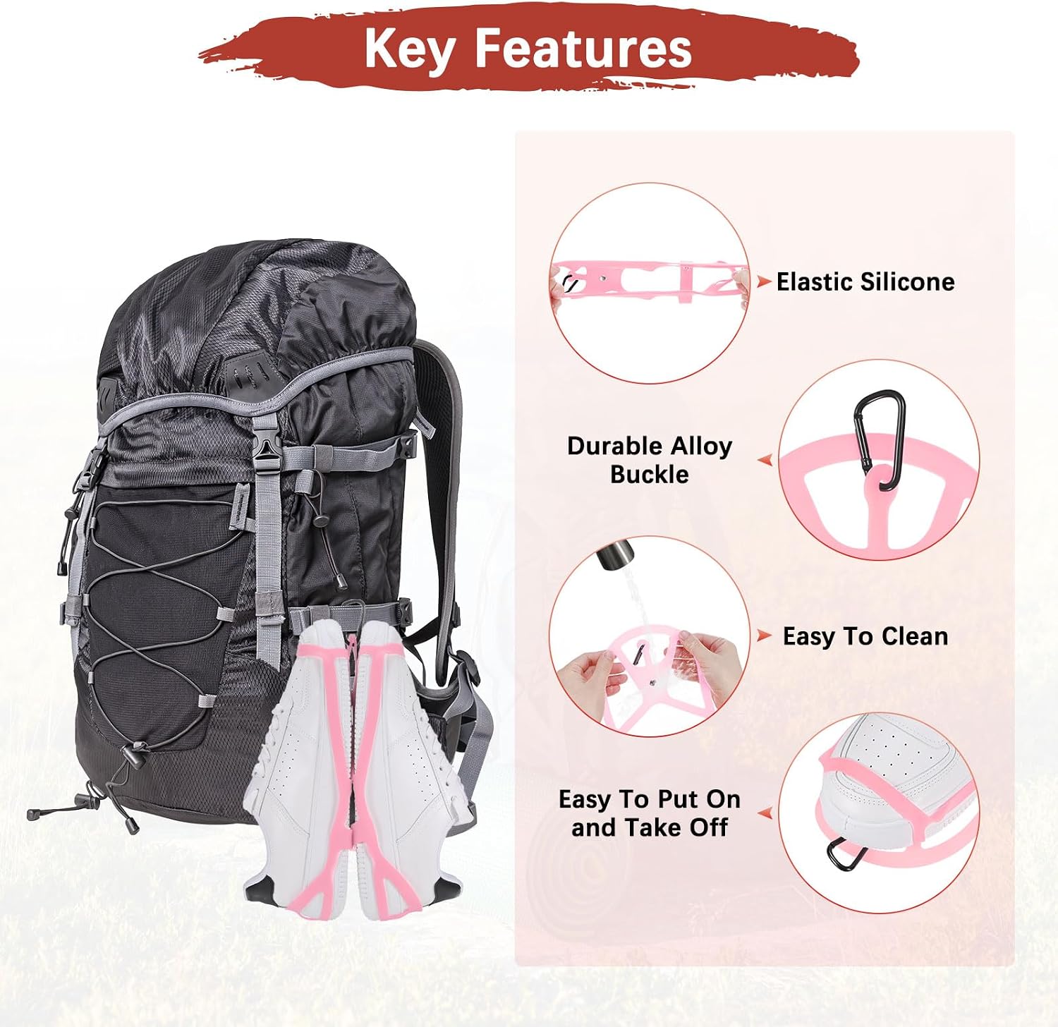 Shoe Holster for Backpack [1SET] - Elastic Silicone Footwear Holder with Clip Use for Travel & Outdoors & Sports - [Pink-M] Hang Extra Shoes Cleats Boots image 5
