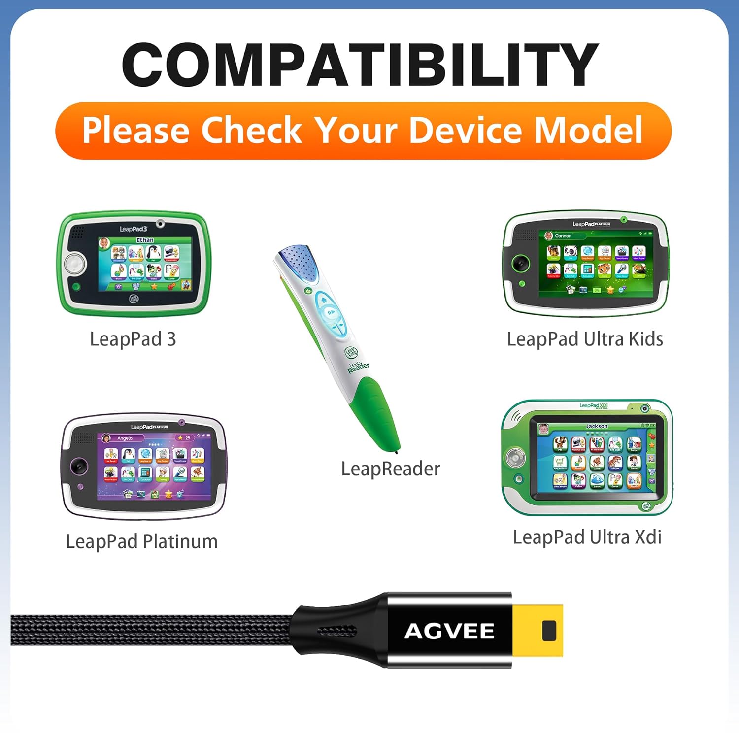 6.6ft Mini USB Cable Replacement Charger Charging Cable Cord for Leapfrog Kids Tablet, LeapPad 3 / Platinum/Ultra Xdi/Ultra Kids, LeapReader Pen, OneTouch Verio IQ, Black