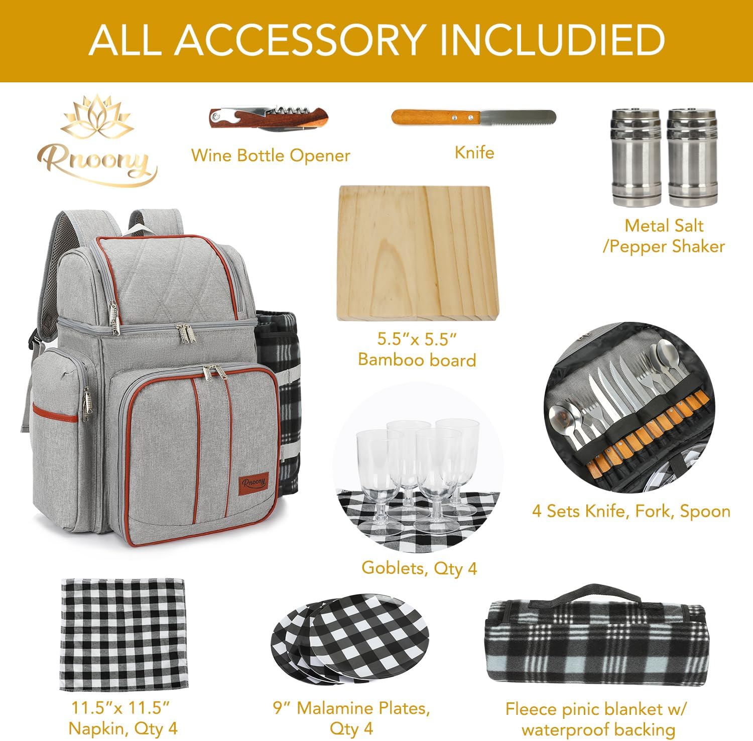 Rnoony Picnic Backpack for Camping, Picnic Basket for with Insulated Cooler Bag and Bottle Pouch,Camping Gifts for Couples with Lightweight Blanket and Cutlery Set for Family, Couple and Hiking