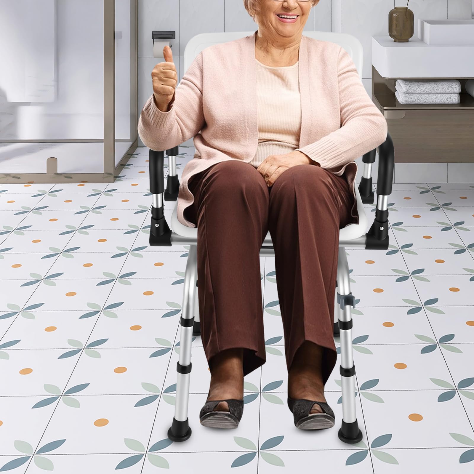 Silla de ducha giratoria de 360 grados, especialmente para personas mayores, altura regulable con respaldo y reposabrazos plegables, capacidad de carga de hasta 180 kg, antideslizante, ideal para