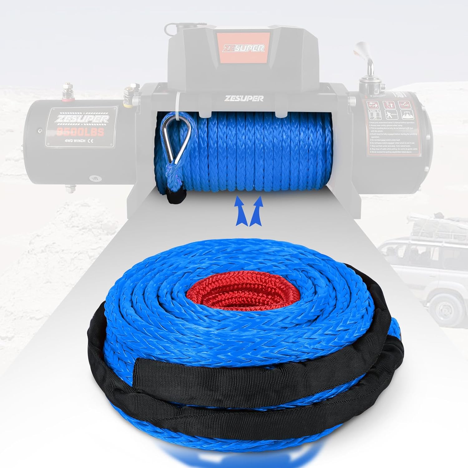 ZESUPER 3/8" x 100ft Synthetic Winch Rope Dyneema 12 Strand Winch Cable Car Tow Recovery Winch Line Off Road Recovery Kit Winch Replacement Cable 26,500 lbs for 4WD Off Road Vehicle Truck SUV Jeep