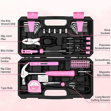 Tool Set Pink Tool Kit：DEKO Screwdriver Set, Pink Hand Tool Kit DIY for Women 62 Pieces, Ladies Tool Box for Home with Hammer