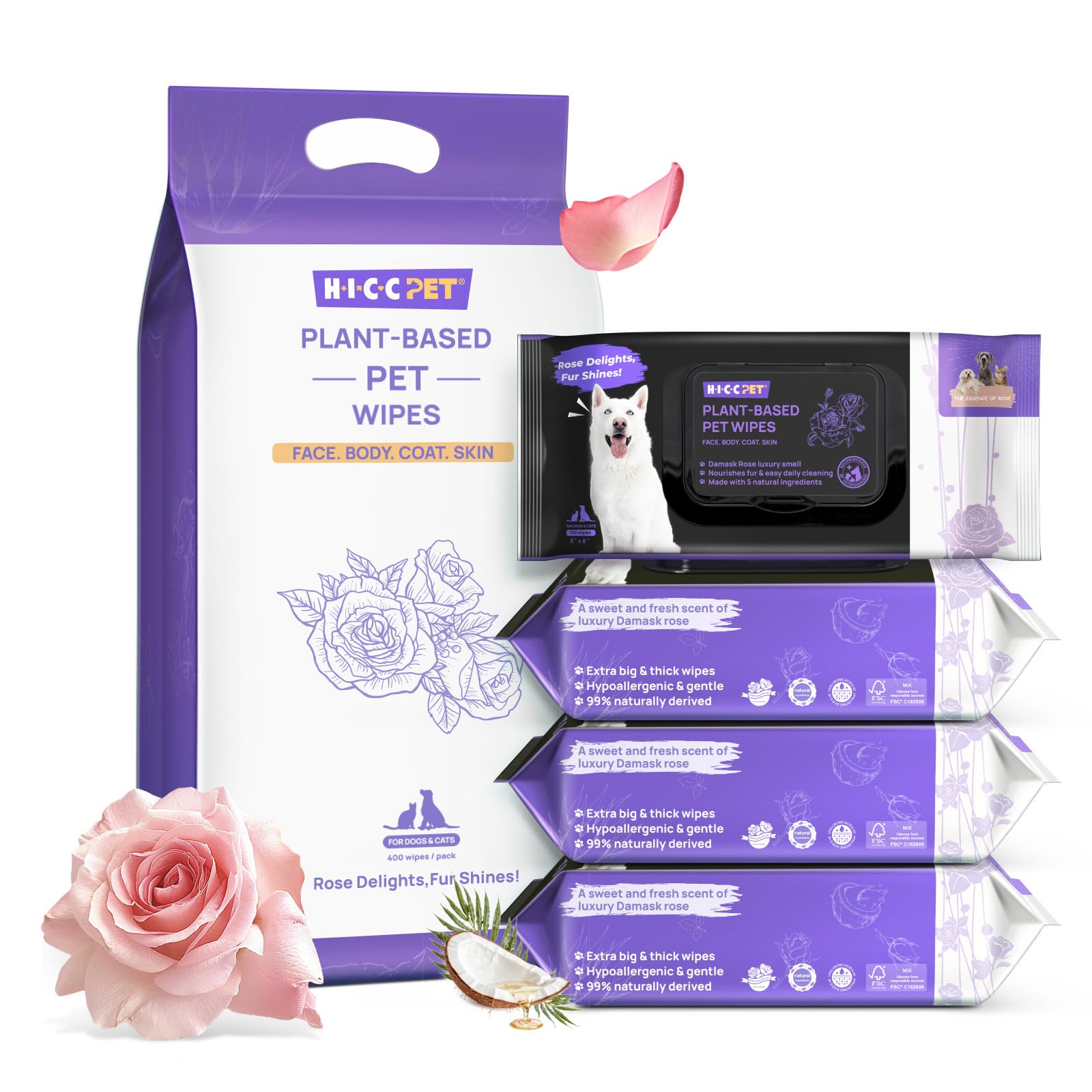 HICC PET Cleaning Deodorizing Wipes for Dogs Cats Vet Recommended Plant-Based Pet Grooming Wipes Fermented Coconut Oil Grooming