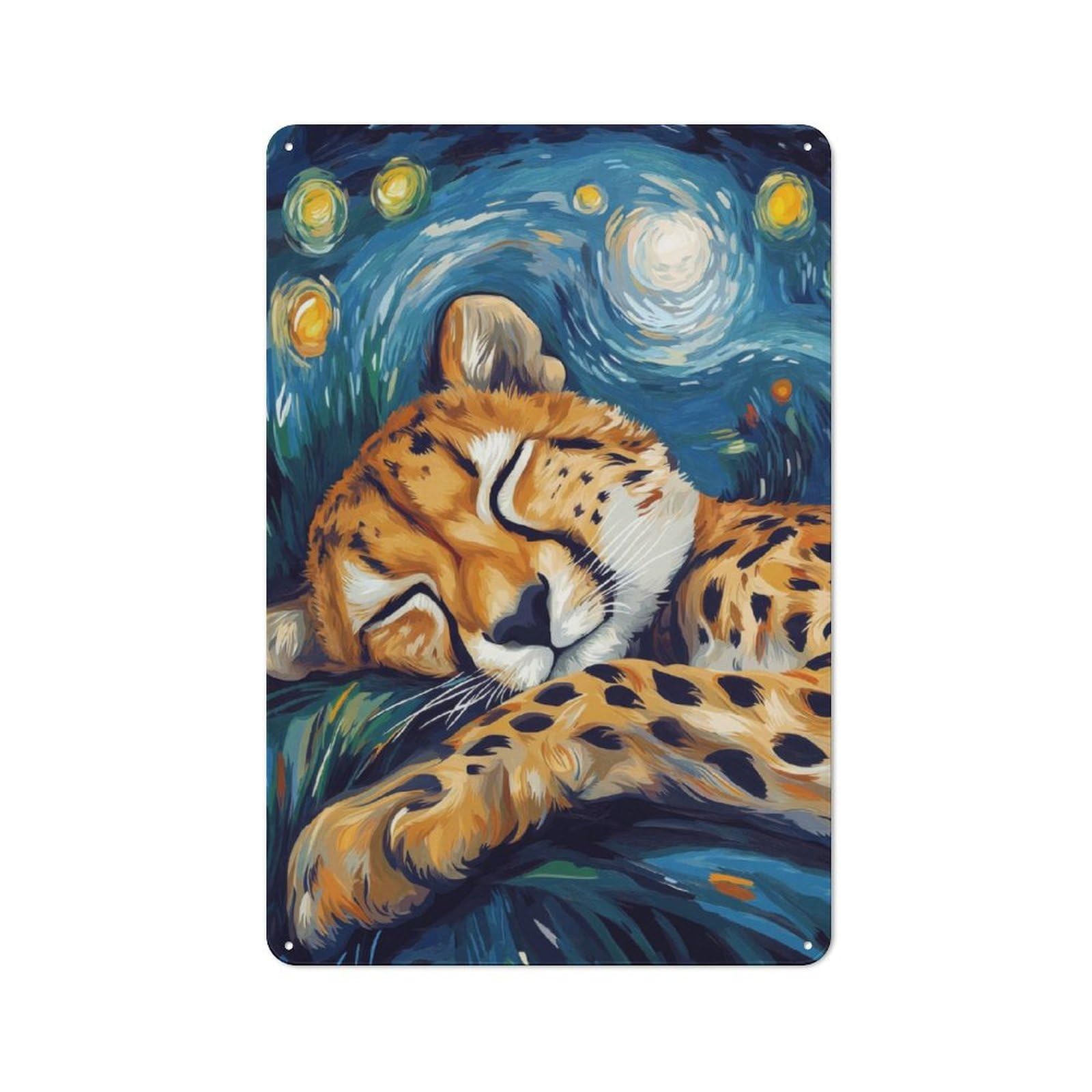 Junmoney Cheetah Sleeping Under Starry Night Vintage Metal Sign 30X20cm For Guest Room Or Hallway, Suited To Guest Room Decorators