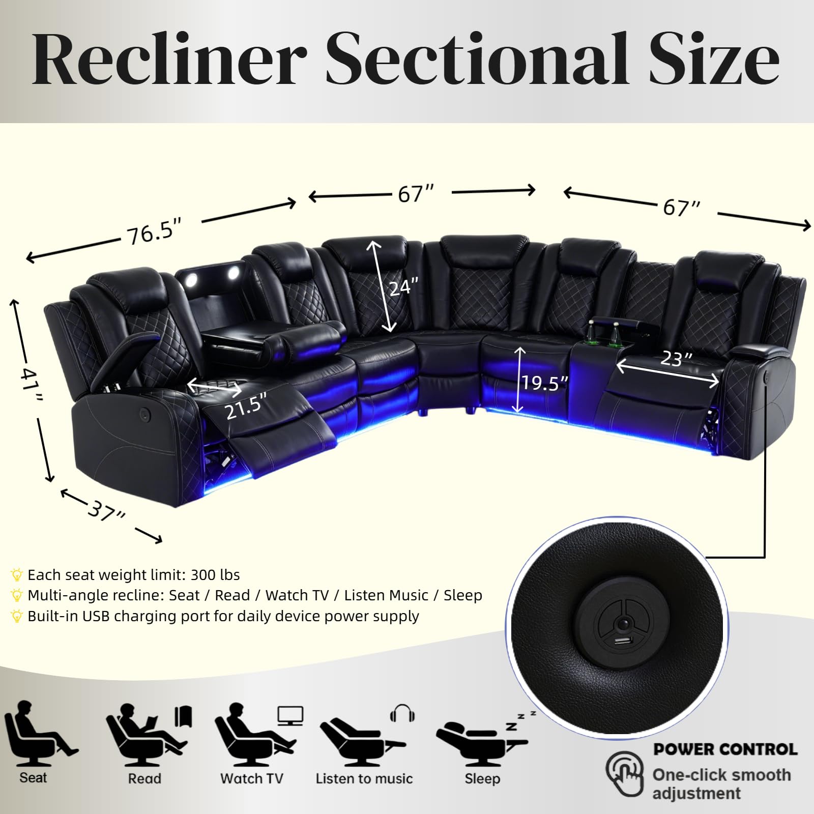 Breathing Leather Reclining Sofa Set,Power Recliner Sectional Couch with LED Light,Modern Living Room Furniture Set,Reclining Sectional Couch Set with USB Port/Storage for Home/Home Theater view 2