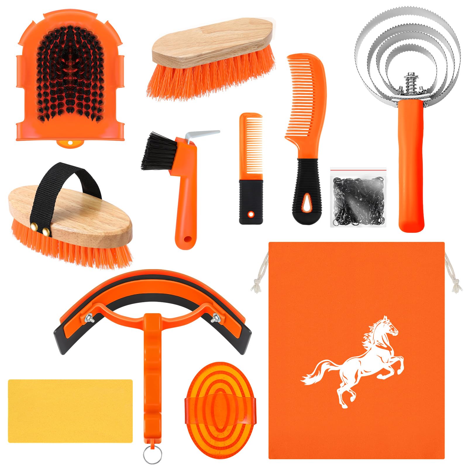 Abbylike 12 Pieces Horse Grooming Kit Racing Festival Tack Room Supplies Horse Brush Sets Equine Care Cleaning Kit Shedding Grooming Massaging Tools(Orange)