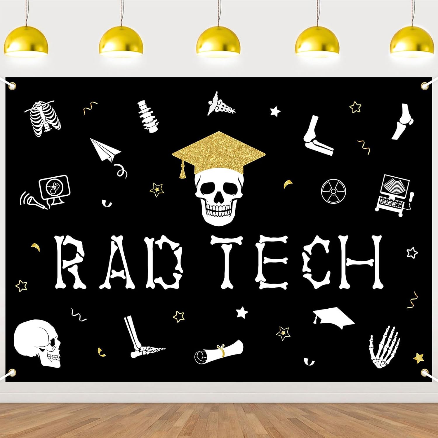 Radiologist Graduation Decorations Rad Tech Backdrop 6.88 * 4.99 ft Radiology Tech School Congrats Grad Party Decor Radiology X-Ray Doctor Party Skeleton Happy Rad Tech Week Party Supply