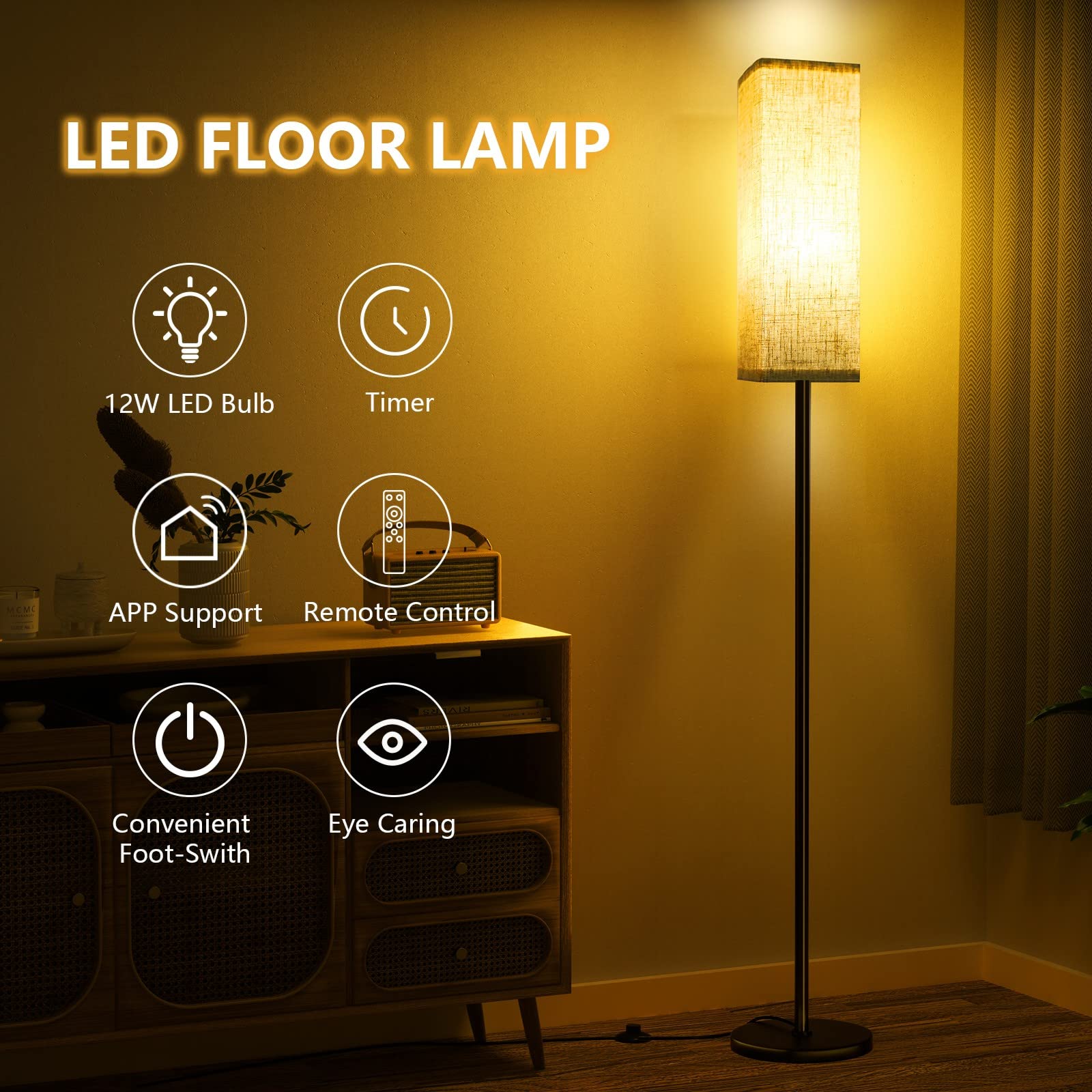 Lámpara de Pie para Dormitorio, Sala de Estar, Oficina, Lámparas Modernas con Mando a Distancia & Control, Lámpara de 2700k-6500k con Pantalla de Lino, Modo de luz Nocturna