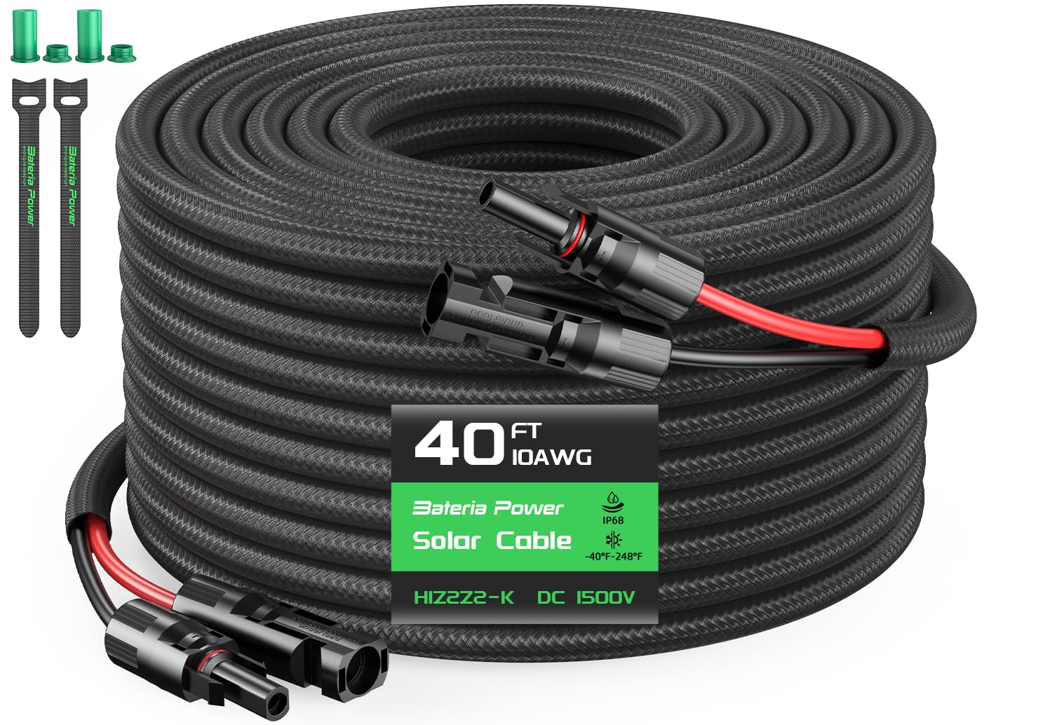 Bateria Power Solar Panel Extension Cable 10AWG 40FT, Flame Retardant Protective Sleeving, Twin Wire 10 Gauge Solar Cable with IP68 Female &amp; Male Waterproof Connectors, Dust Caps for Home, RV