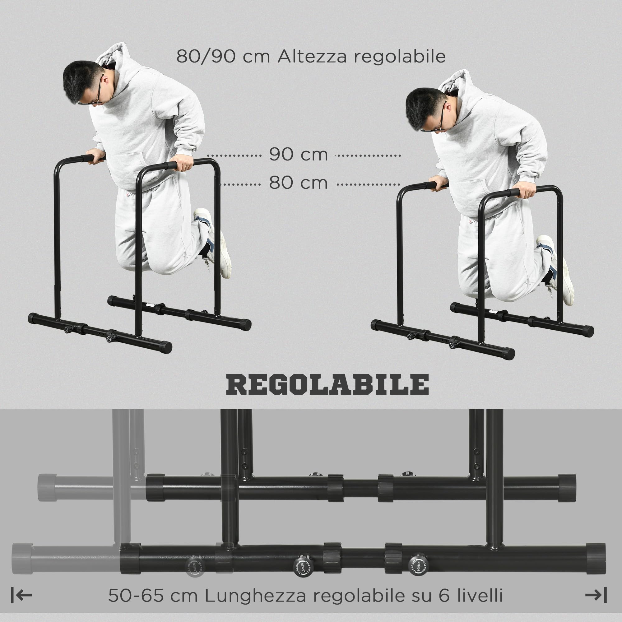 SPORTNOW Barra per Dip in Acciaio ad Altezza Regolabile con 6 Lunghezze Regolabili, 90-102x65x80-90 cm, Nera