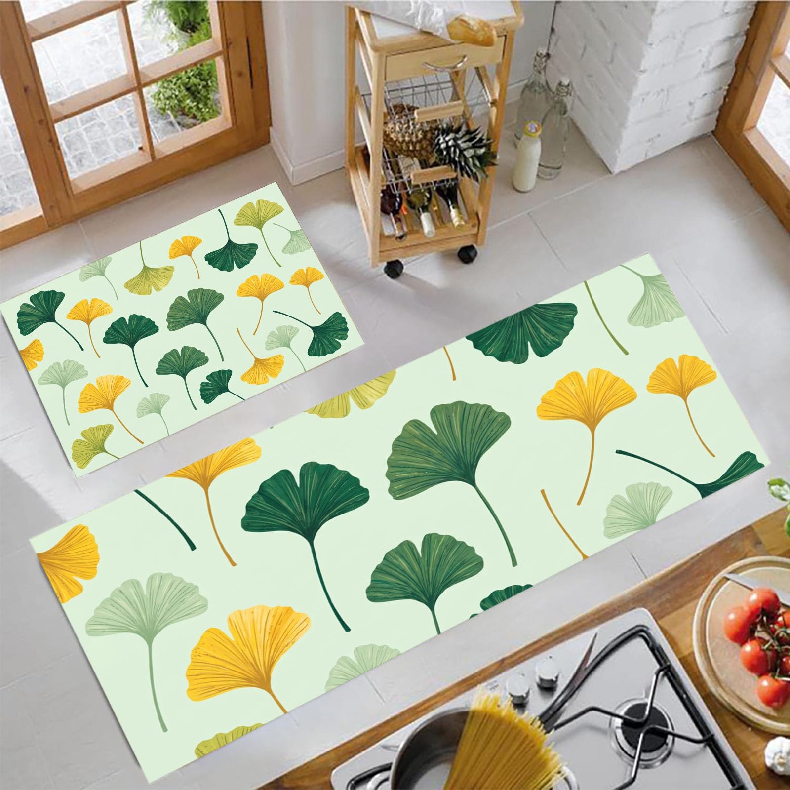 Juego De 2 De Alfombras De Cocina Tema De Hojas De Ginkgo Rural | Alfombra Antideslizante Lavable para Cocina, Plantas Frescas Conjuntos Absorbentes para Pasillo Entrada, Verde Salvia