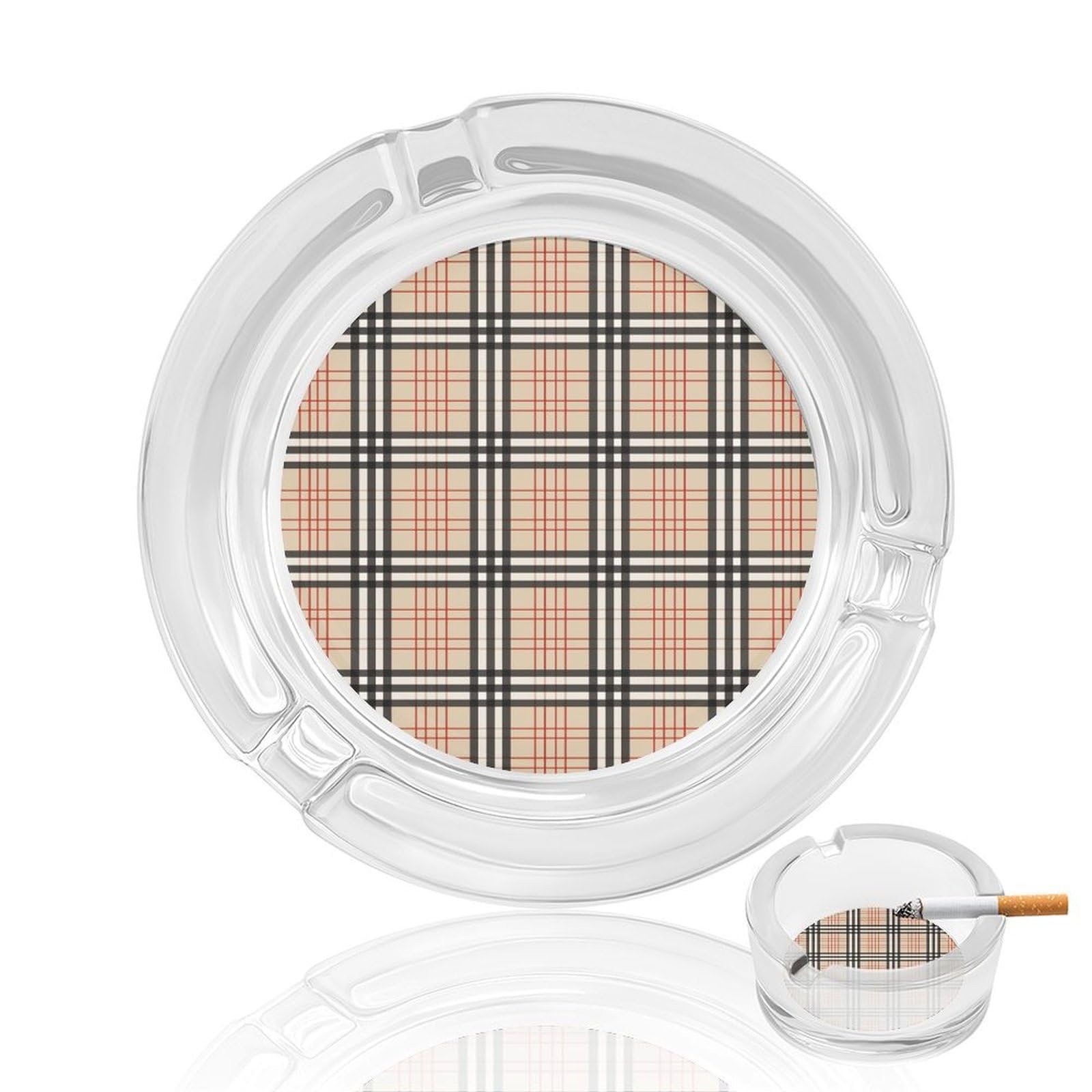 Checkered Glass Ashtray 3.3 Inch Round Cigarette Ash Holder with 4 Grooves for Home Office Outdoor One Size