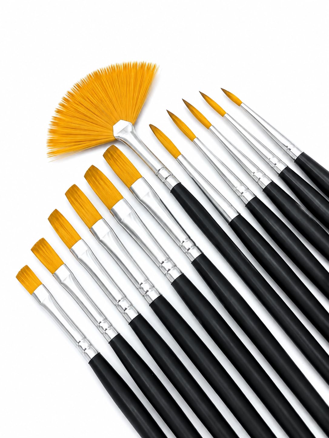 Professional 13 Pcs Paint Brush Set with Black Wooden Handles | Premium Golden Synthetic Nylon Bristles | Flat, Round & Fan Artist Brushes for Acrylic, Watercolor, Oil, Gouache & Craft Painting-image-32