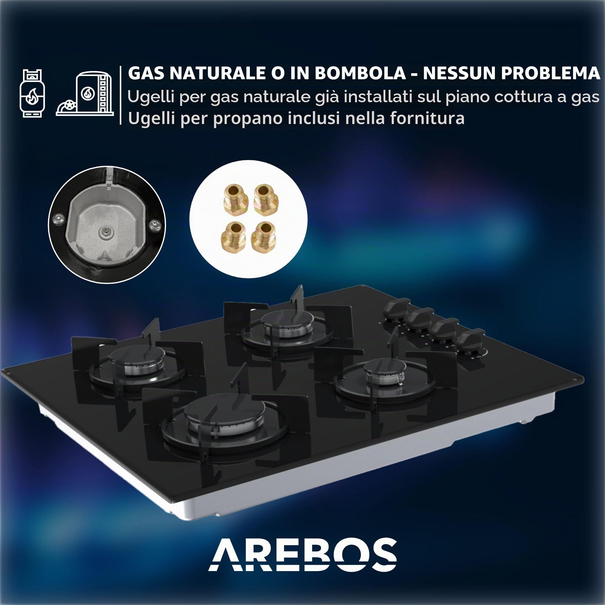 Arebos piano cottura a gas 60 cm 4 fuochi | Vetro temperato | Da incasso con supporti in ghisa | Compatibile con gas naturale e GPL | Dispositivo di sicurezza integrato