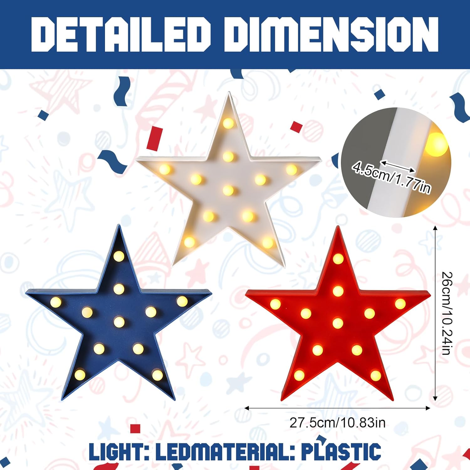 Tujoe 3 Pcs 4th of July Star Lights LED Independence Day Signs Red White and Blue Patriotic Star Centerpieces for Tables Indoor Outdoor Independence Day Party Decorations(Smooth)