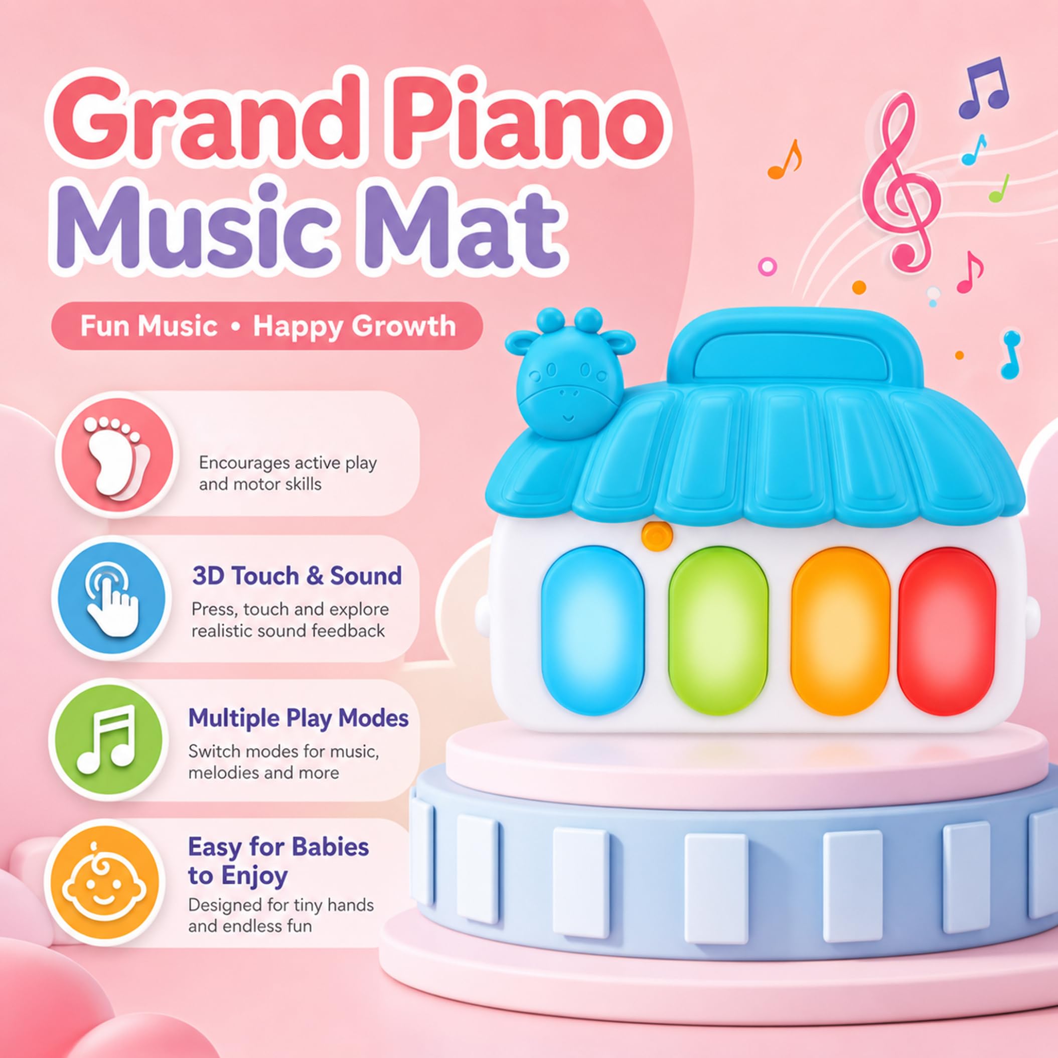 Tappetino da gioco per palestra per bambini, calcia e suona il pianoforte con musica e luci per neonati 0-3-6-9-12 mesi, pancia neonato - Tappetino per neonati