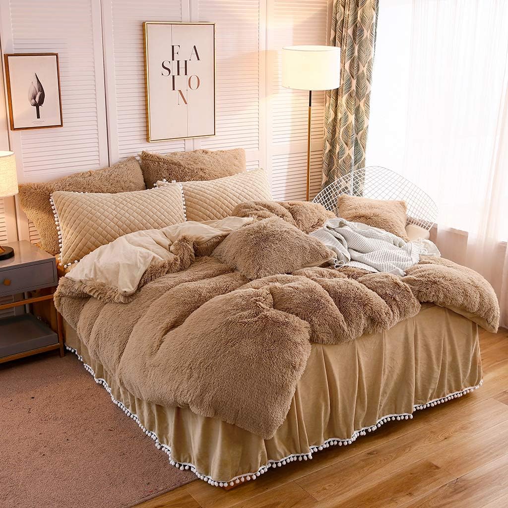 LIFEREVO Luxury Shaggy Plush Duvet Cover 1 PC Crystal Velvet Mink Reverse Ultra Soft Hidden Zipper Closure (Camel, Queen)