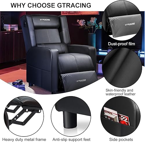 Miniatura 6 de GTRACING - Silla reclinable para juegos con altavoces Bluetooth, estilo de carreras, sofá individual para juegos, moderno, reclinable, ergonómico,