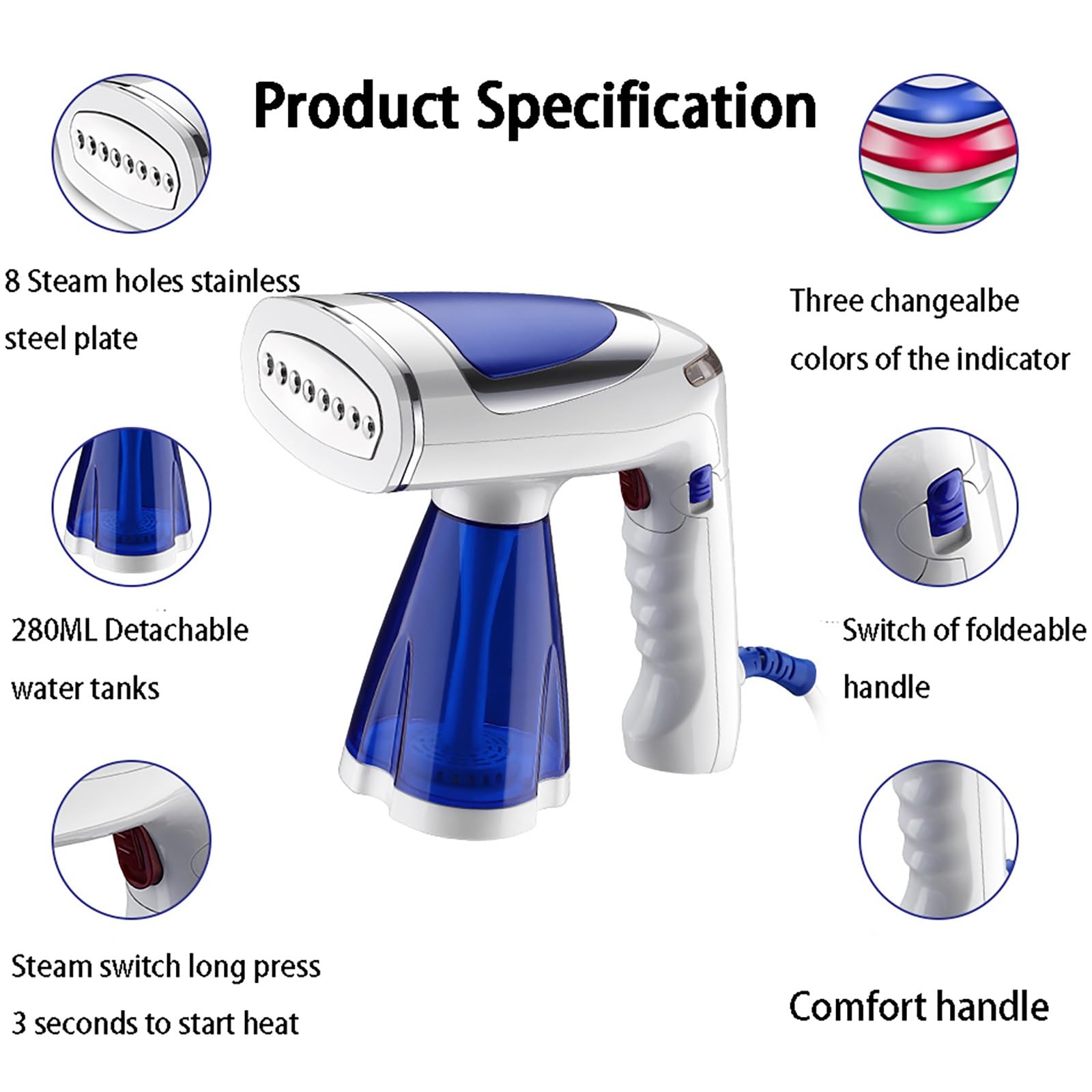 Parownica do ubrań Ręczna parownica do ubrań o mocy 1600 W, zbiornik na wodę o dużej pojemności 250 ml, parownica do odzieży do domu/biura/podróży, 3 tryby pary i parownica do ubrań z podgrzewaniem w