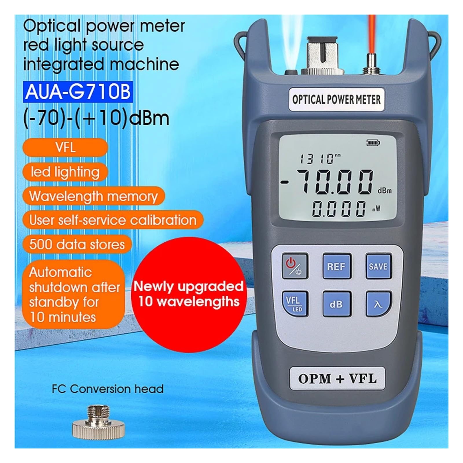 Compteur de puissance optique (OPM), localisateur visuel de défauts (1/10/15/30/50MW VFL), testeur de câbles à fibres optiques FTTH, AUA-G710B Erreur faible