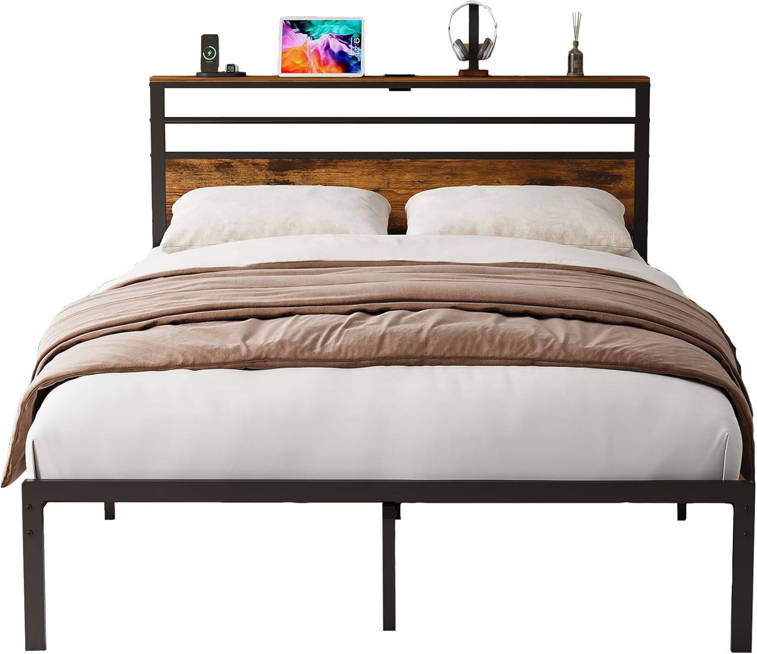 Bed Frame Queen Size with Storage Headboard & Charging Station, Sturdy Metal Queen Platform Bed Frame No Box Spring Needed, Queen Bed Frame Low to Ground, Quiet Base, Black (Upholstered Queen)