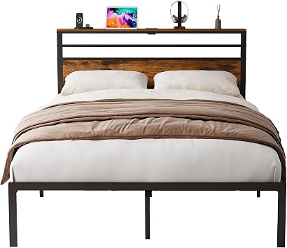 Bed Frame Twin Size with Storage Headboard & Charging Station, Sturdy Metal Twin Platform Bed Frame No Box Spring Needed, Twin Bed Frame Low to Ground, Quiet Base, Black Twin