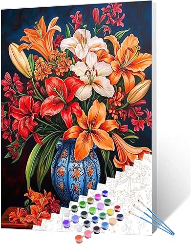 Vista 33 de Tucocoo White Daisy - Pintura por números para adultos, flores blancas con hojas verdes en jarrón, kits de pintura al óleo, lienzo con pintura Flor