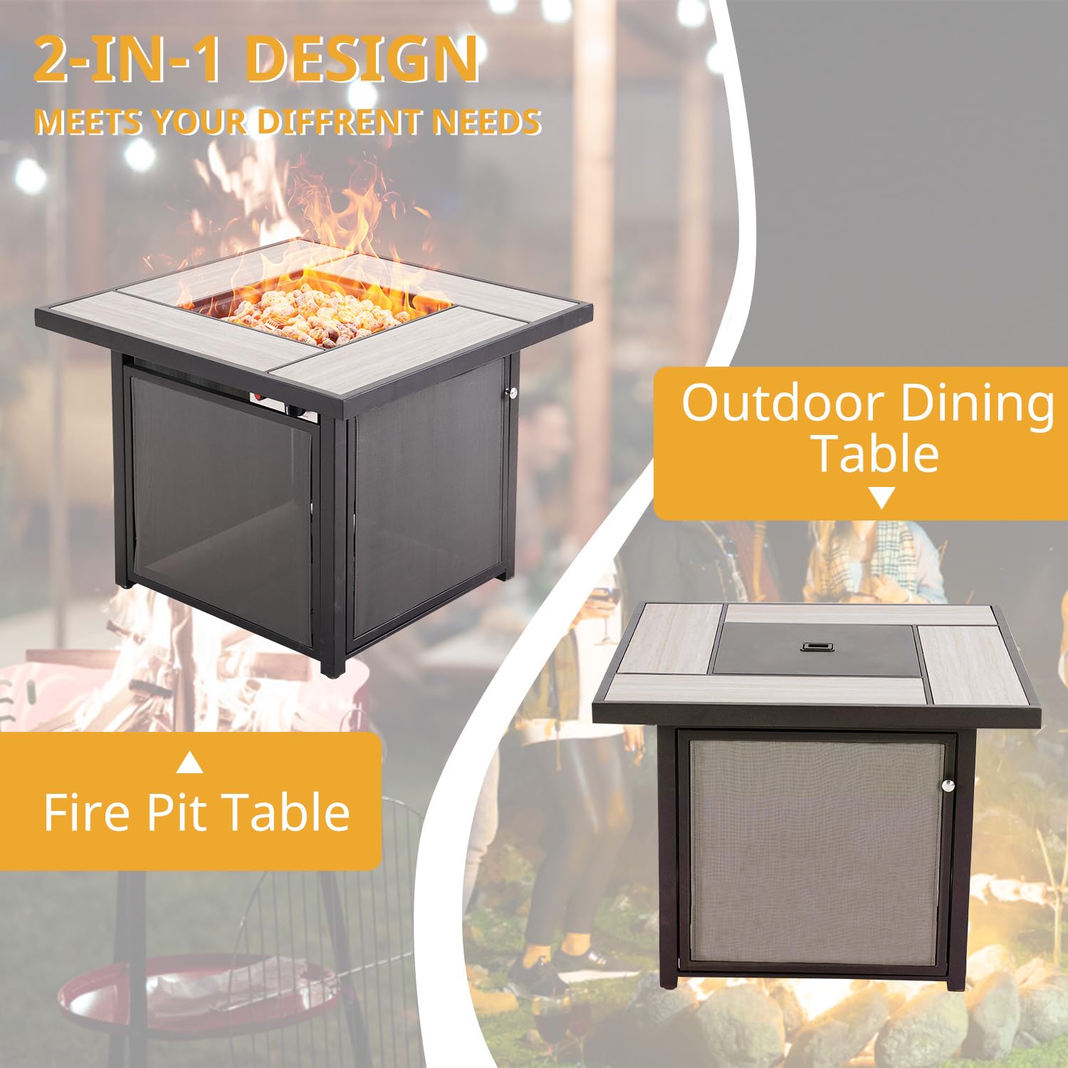 Mesa cuadrada para fogata de propano, 32 pulgadas, para exteriores, 50,000 BTU con mesa de azulejos de cerámica, tapa extraíble, rocas de lava para patio exterior, jardín, terraza, patio 4