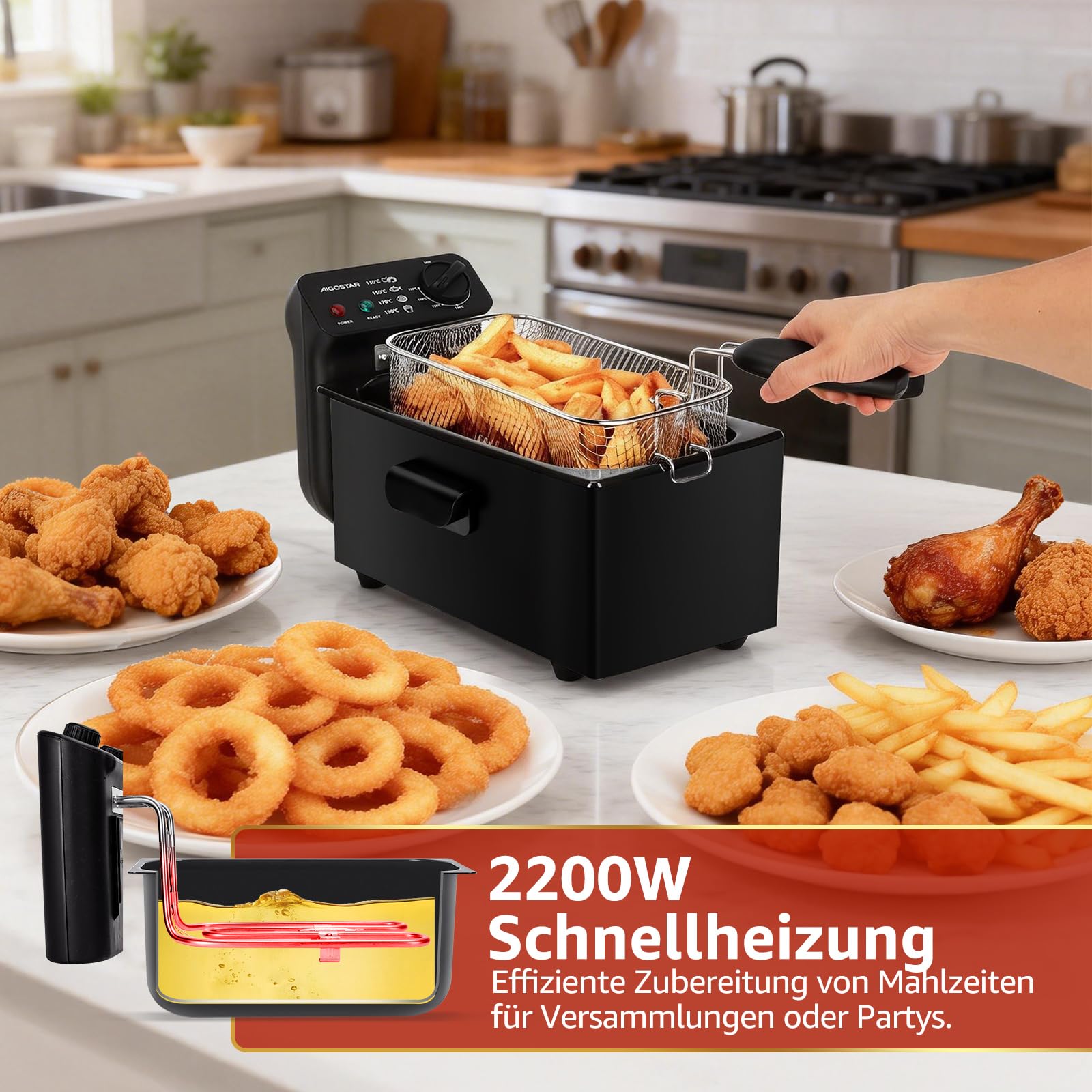 Aigostar Slater - Fritteuse mit öl-3L, 2200 W friteuse mit fett Staubschutzdeckel inkl. Sichtfenster, stufenloser Temperaturregler bis 190°C, Abnehmbare Teile, Einfach zu Reinigen, knusprige Pommes