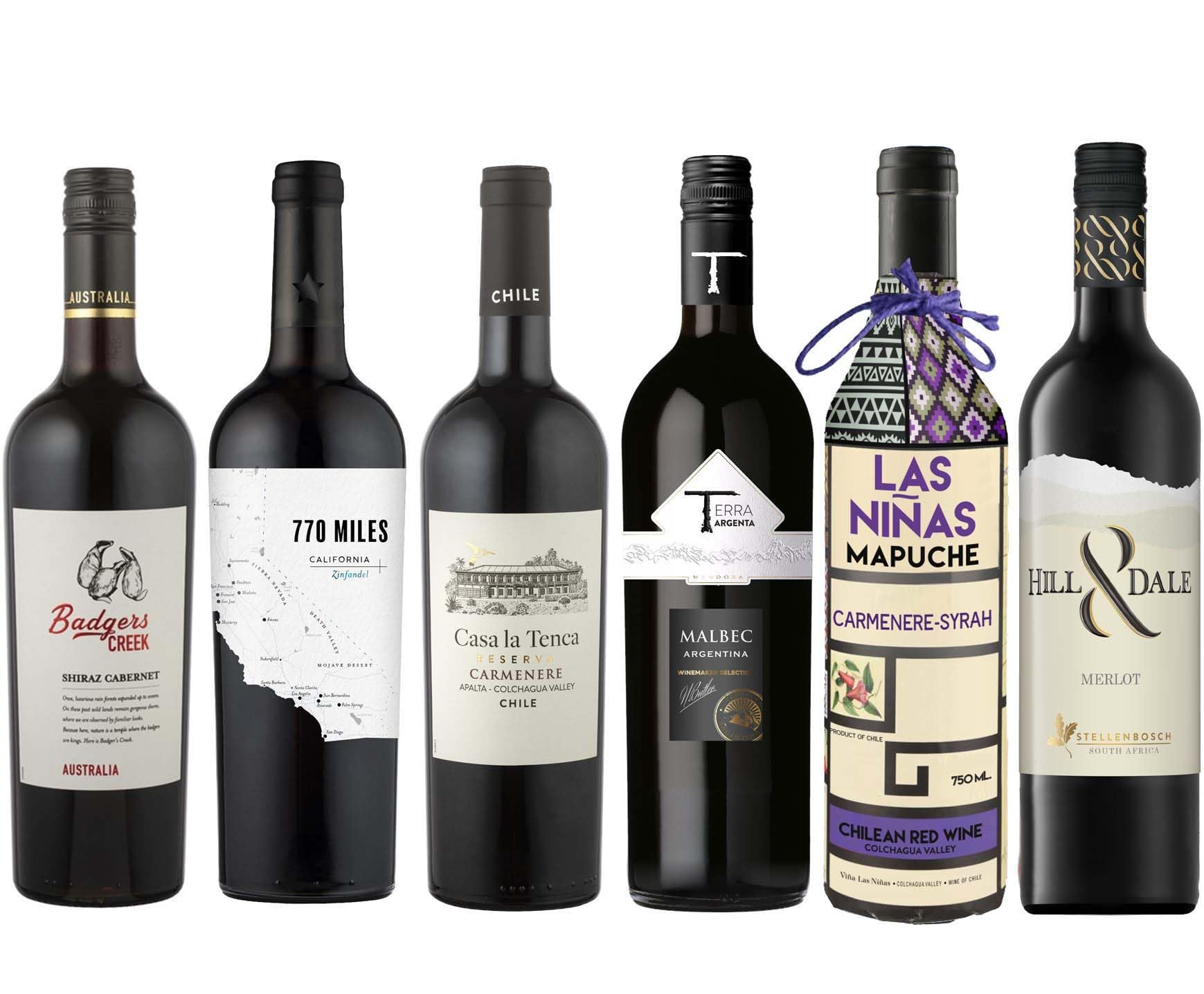 Badgers Creek - Assortimento Degustazione - Selezione di 6 vini rossi del Nuovo Mondo - Argentina, California, Cile, Australia, Sudafrica (6 x 0,75L)