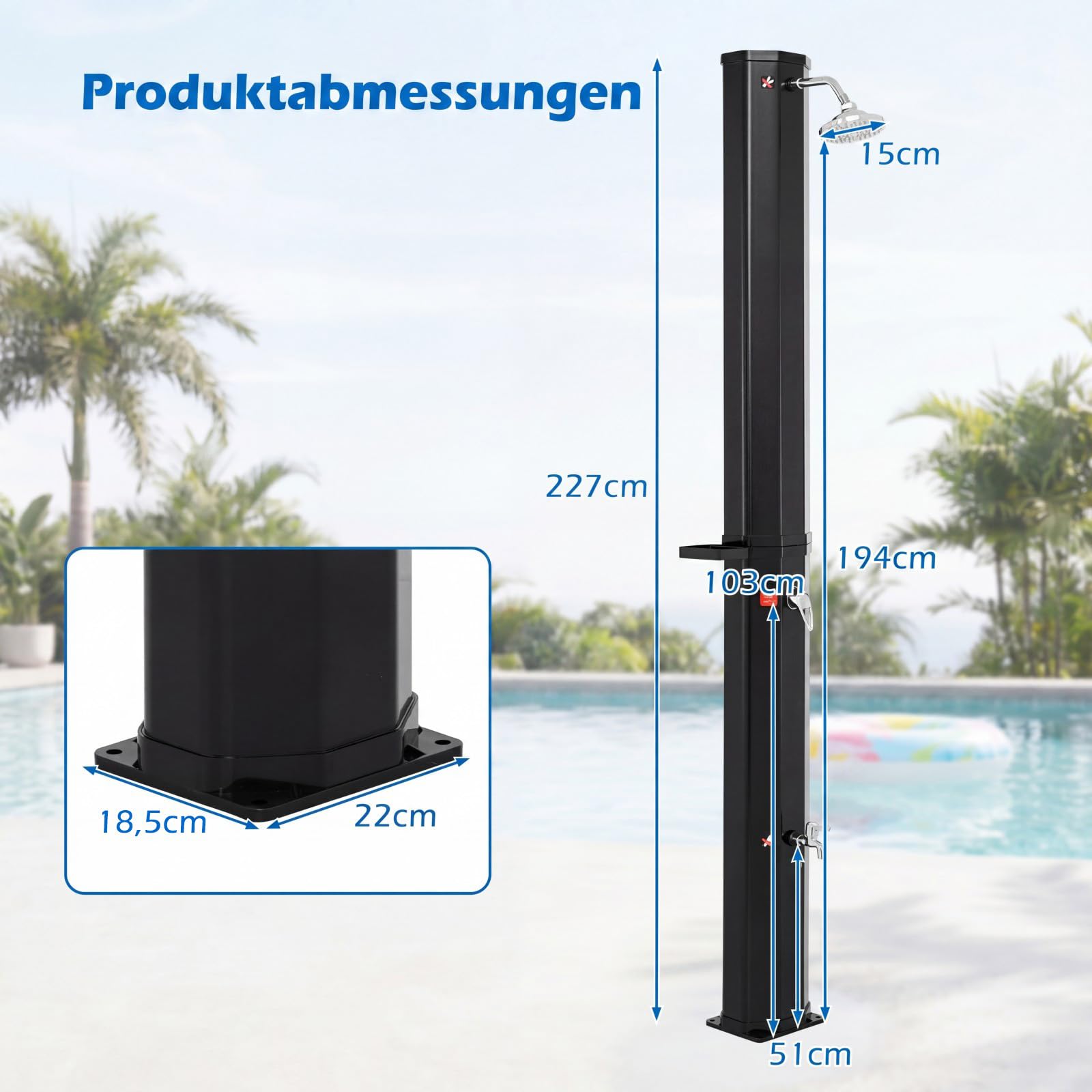 COSTWAY Solardusche 60L inkl. Abdeckung | Gartendusche mit Ablage, Regenduschkopf und Wasserhahn | warmes Wasser | max. 60°C | ohne Stromanschluss | Pooldusche Camping (Schwarz)