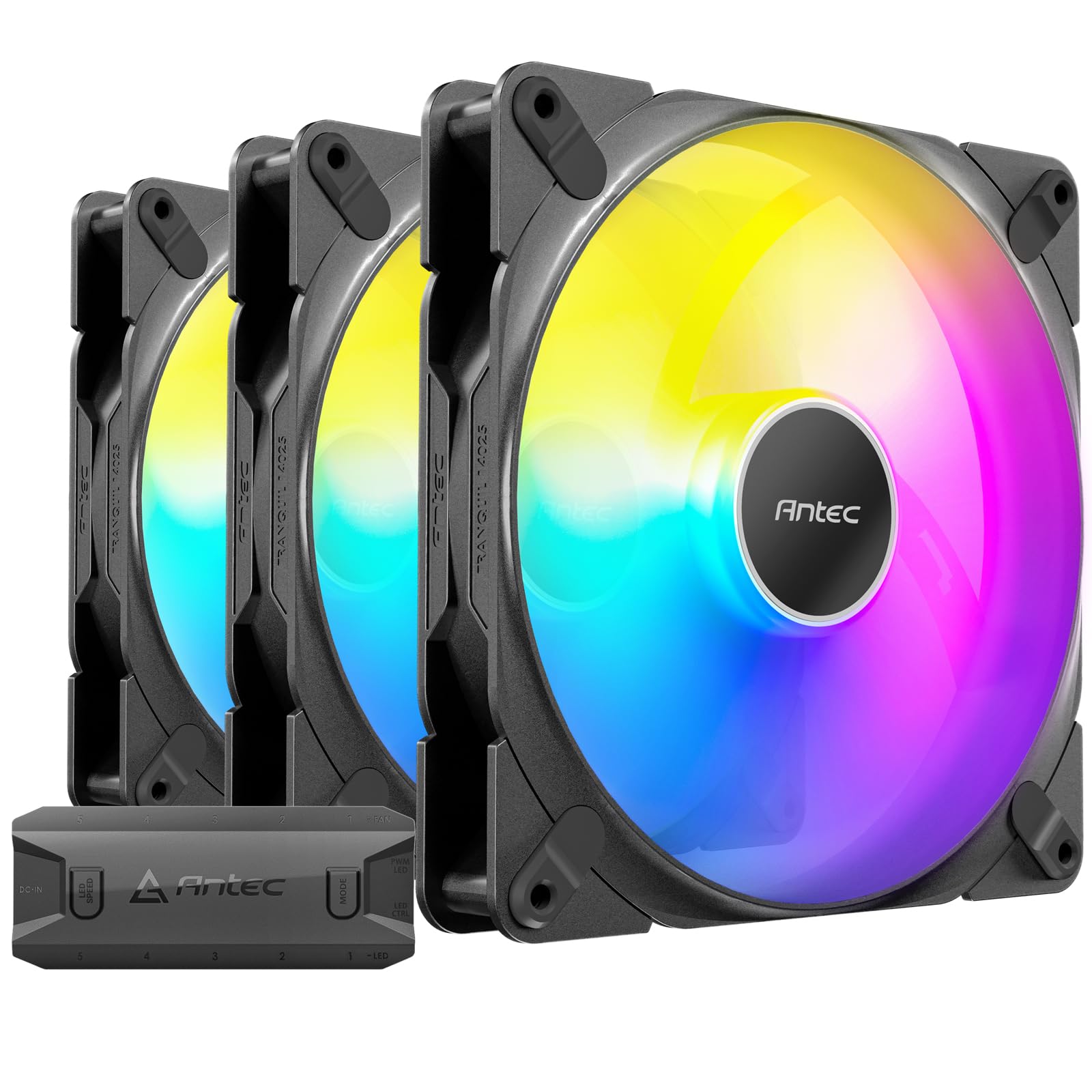 Antec Tranquil Wentylatory ARGB PWM 140 mm x 25 mm, 1500 obr./min, 89,72 CFM, 1,82 mmH2O, 4-pinowe złącze PWM, 3-pinowe złącze LED, wentylator 120 mm, seria cichych