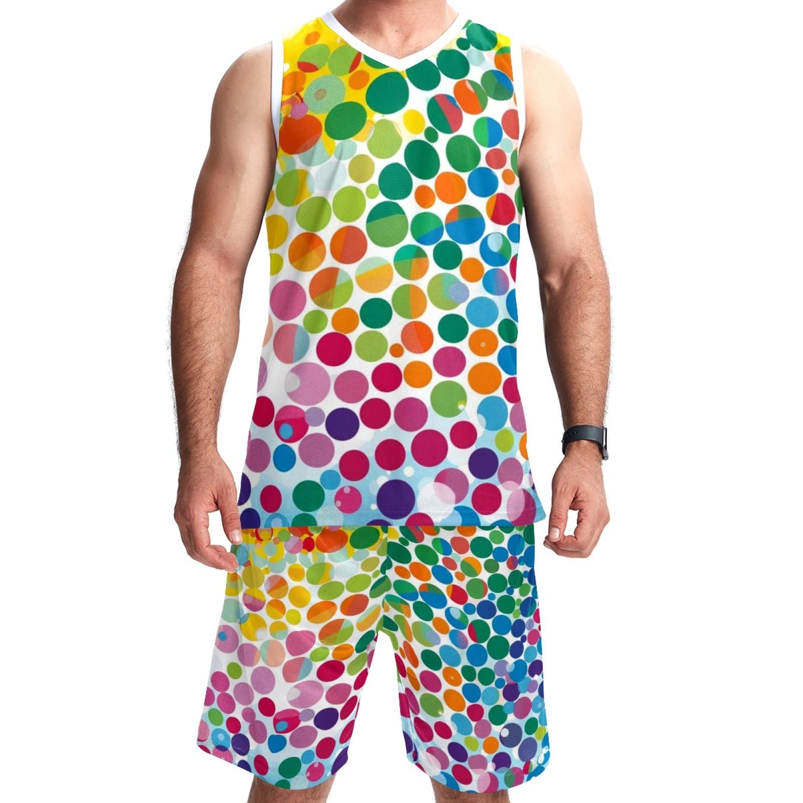 Herren-Basketballanzug mit Taschen, Sportbekleidung für Männer, Teenager, Teamuniform, Kunst, bunte Punkte, Größe 5XL