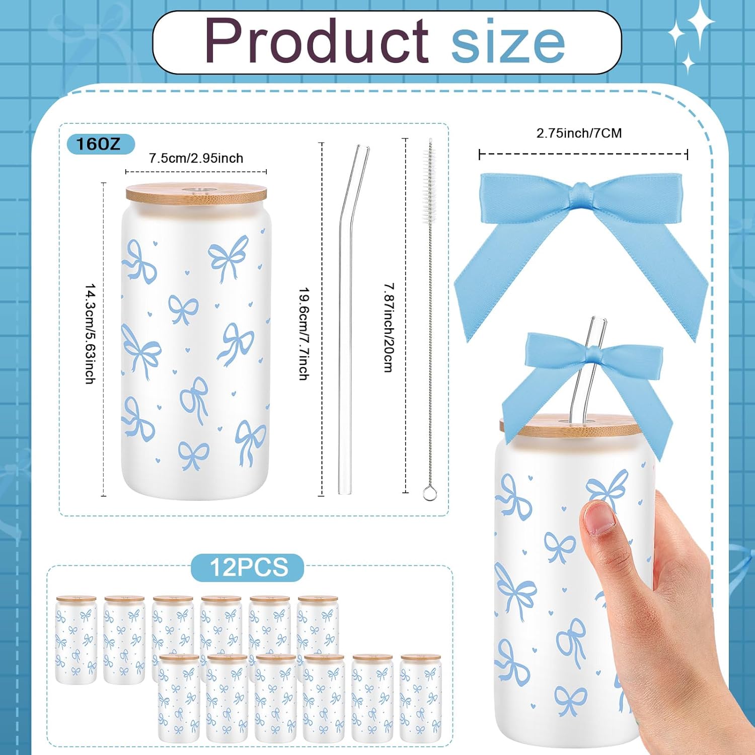 12 Sets 16oz Coquette Aesthetic Bow Glass Cups for Mothers Day Nurse Week Graduation Teacher Coworkers Gifts Cute Bow Glass Coffee Cups with Lids Straws Reusable Smoothie Tumbler Decor (Blue)