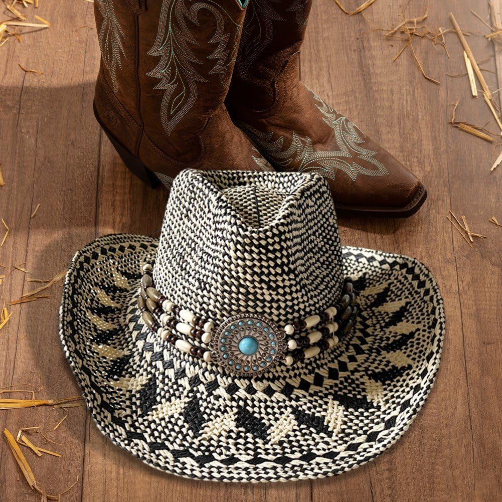 Sombrero De Vaquero De Color a Juego, Sombrero De Paja Vaquero Occidental, Sombrero De Playa Étnico, Sombrero De Vaquera De Paja De Ancha De Verano
