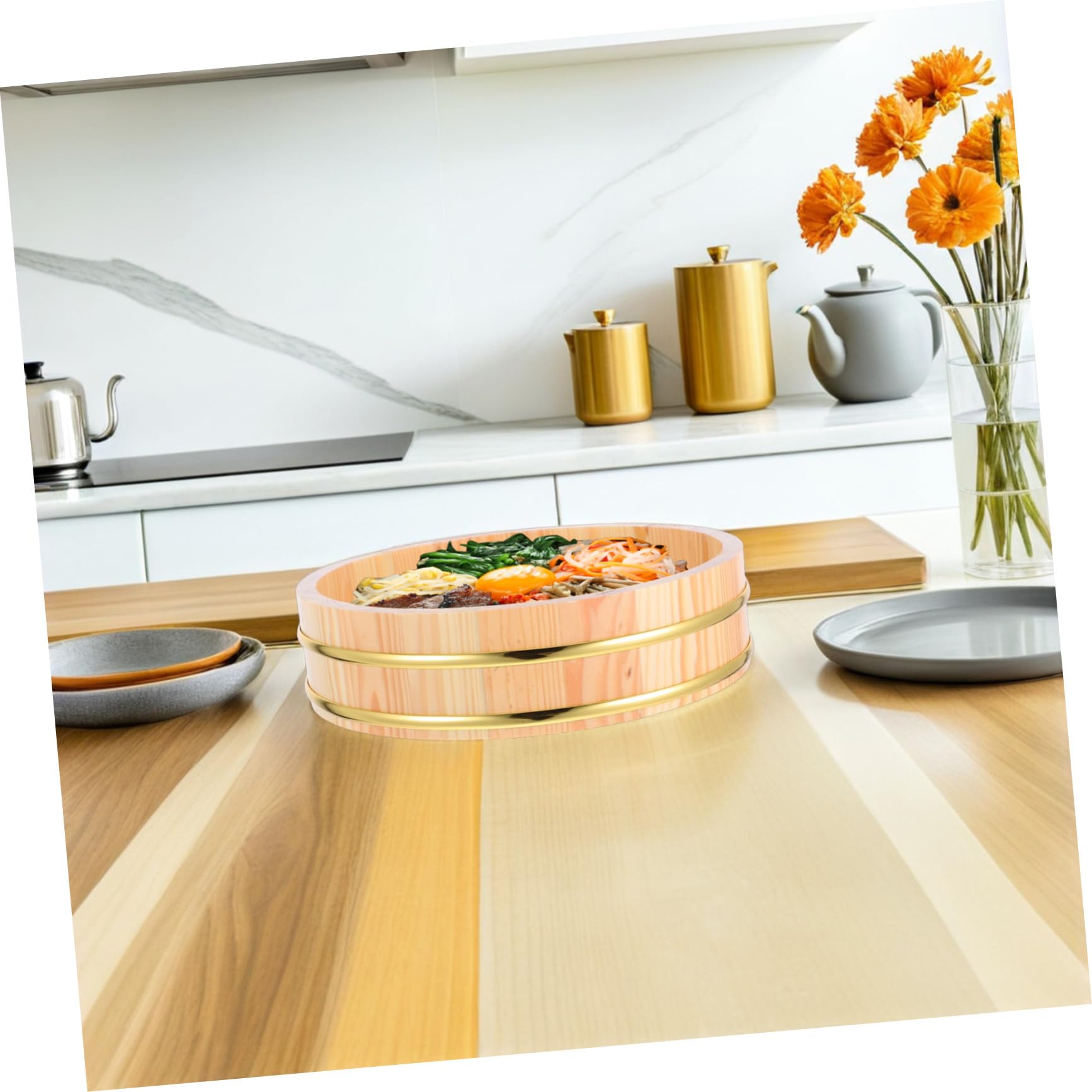 TOYANDONA Traditionelle Sushi-Reis-Mischwanne Aus Holz Mit Elegantem Goldrand 10.43In Japanische Hangiri-Schüssel Für Sushi-Zubereitung Und Küchengebrauch