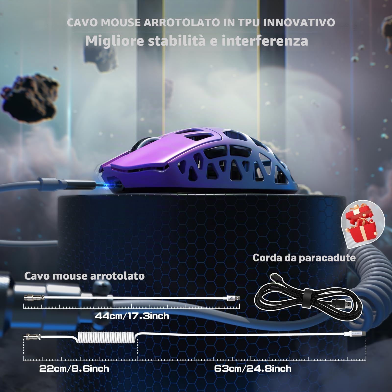 ATTACK SHARK R3PRO 46g SUPERLIGHT Gaming Mouse in Lega di Magnesio, Wireless 8000Hz Tasso di Polling, 26000DPI, G502 Mouse da Gioco, 2.4G/BT/Cablato, PixArt PAW3395, con Cavo a Spirale, PC/Mac, Viola