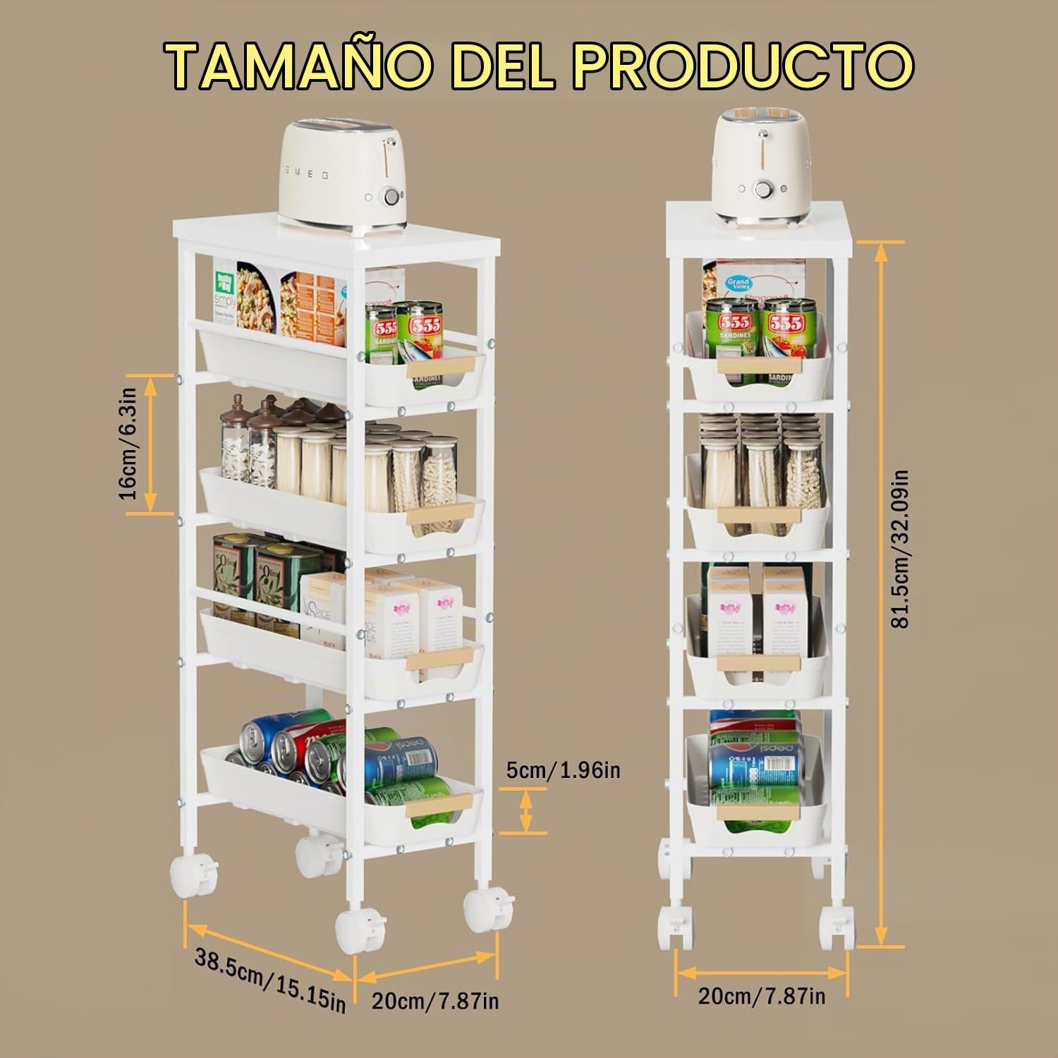 DROMEZ Carrito Auxiliar con Ruedas Estrecho 20 cm, 5 Niveles Metal Blanco | Carro Cocina con 4 Cajones, Tablero Superior y Frenos para Bano, Lavadero u Oficina Compacta, 38x20x81cm